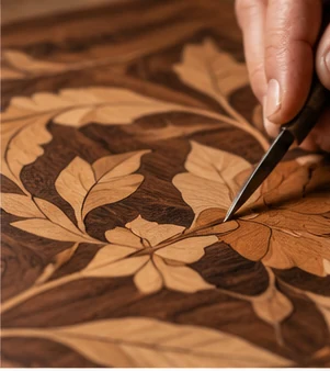 Travail de précision sur une marqueterie aux motifs végétaux.