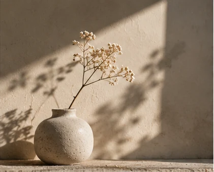Vase en céramique et fleurs séchées dans une lumière douce.