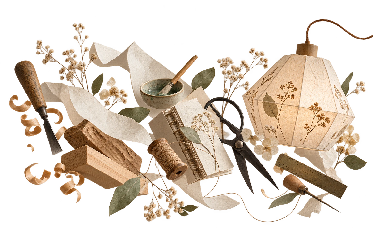 Collage d’artisanat : outils de menuiserie, carnet relié, fleurs séchées et luminaire en papier botanique.