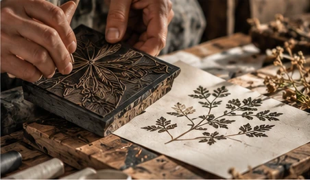 Impression artisanale d’un motif végétal avec un bloc gravé.