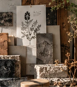 Papiers, matières et motifs botaniques dans un atelier.