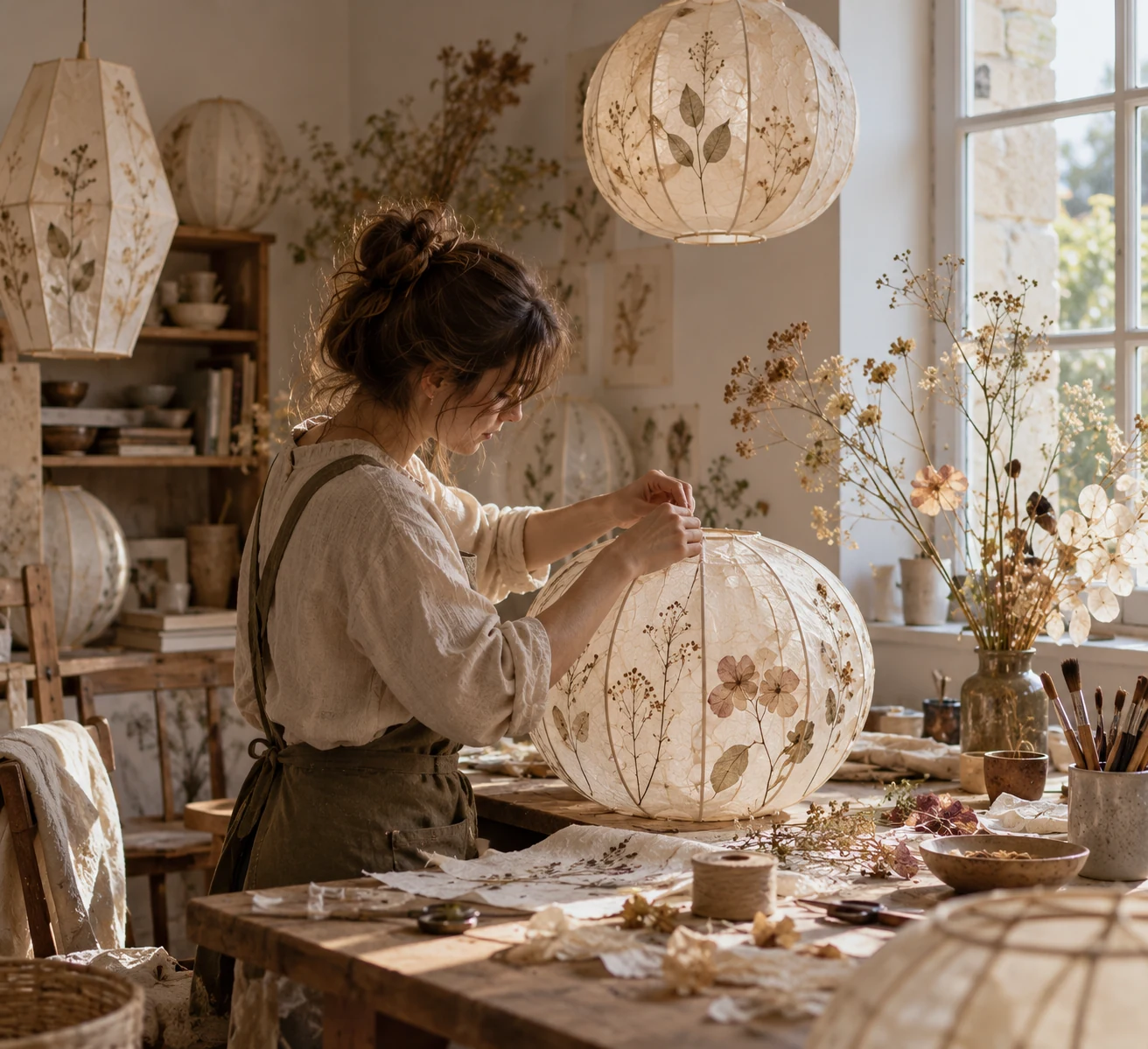 Scène d’atelier imaginée : une artisane assemble une lanterne à motifs botaniques