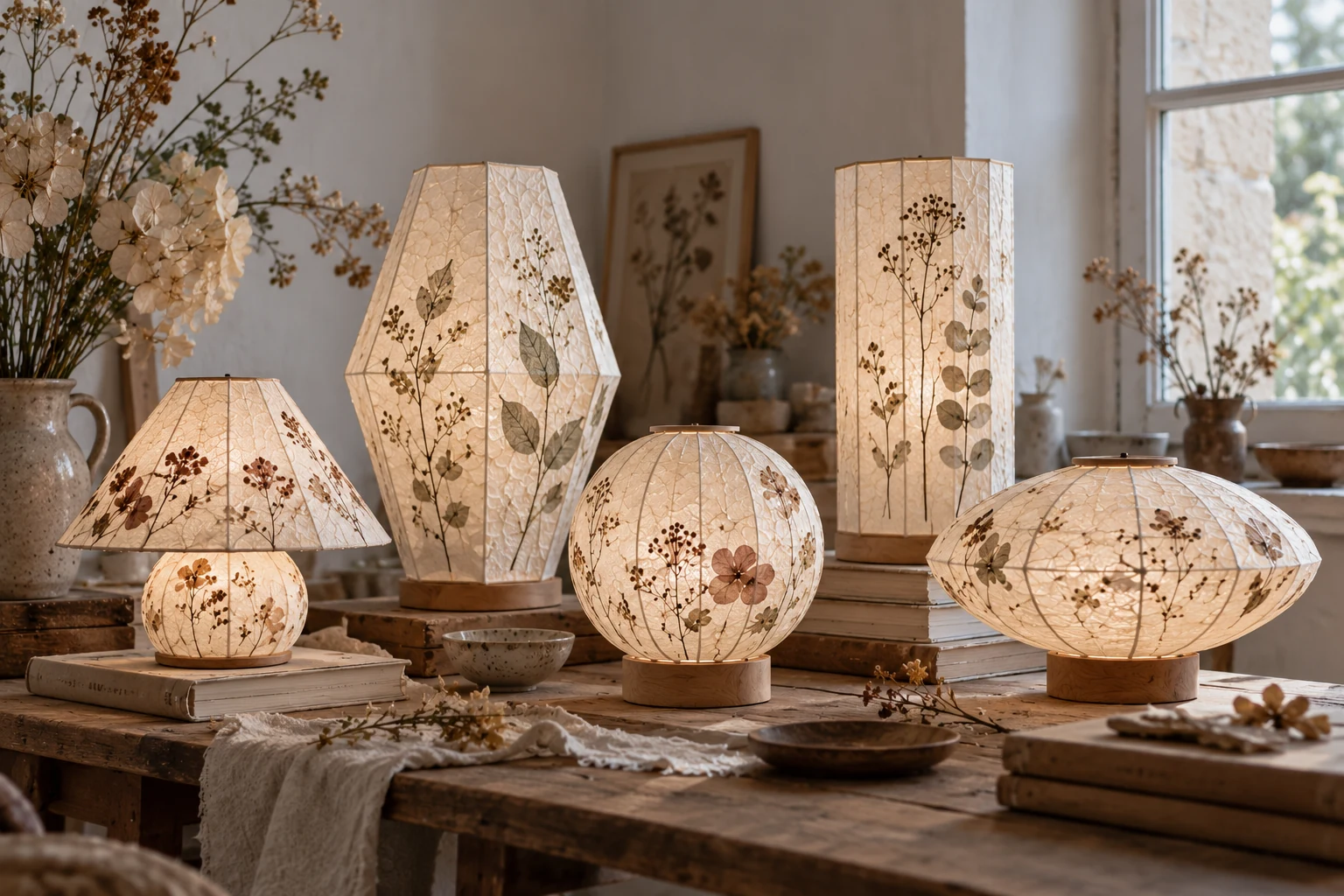 Lampes botaniques réunies sur une table