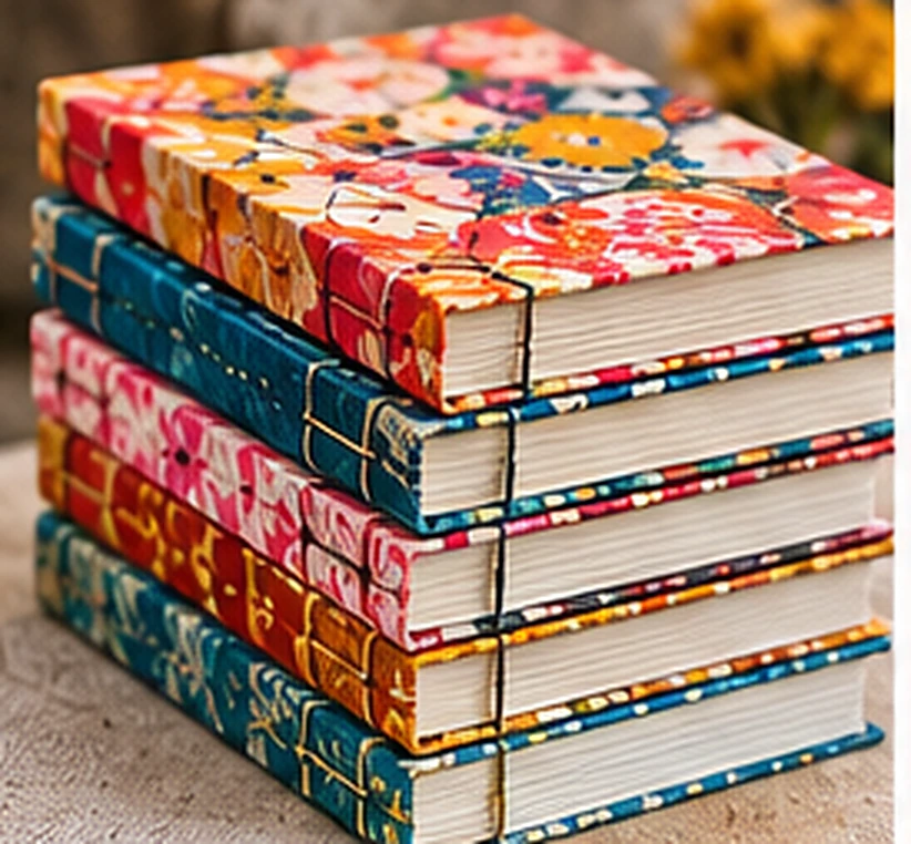 Pile de carnets aux couvertures fleuries et colorées