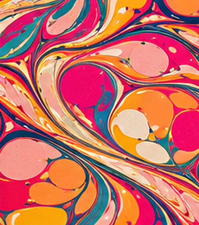Papier marbré aux volutes roses, jaunes et bleues