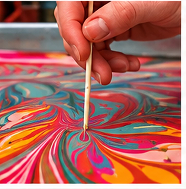 Une main dessine des motifs dans un bain de marbrure coloré