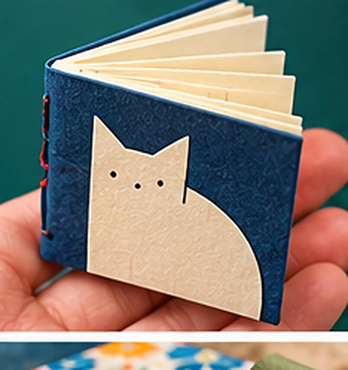 Mini-livre bleu avec un chat en couverture tenu dans une main