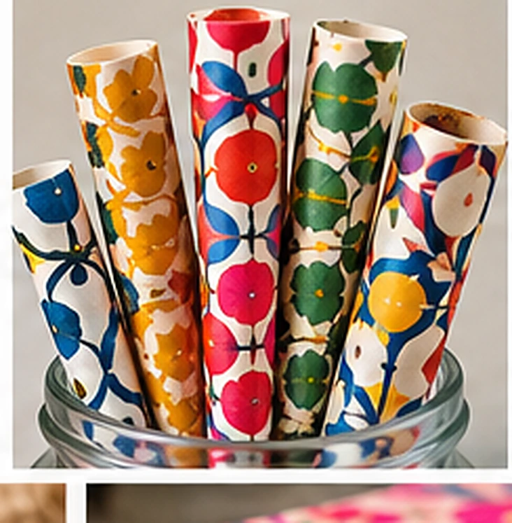 Papiers à motifs enroulés dans un pot