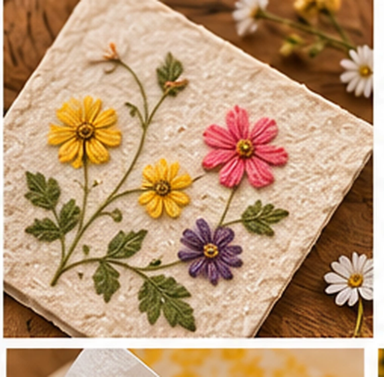 Fleurs brodées sur un papier artisanal clair