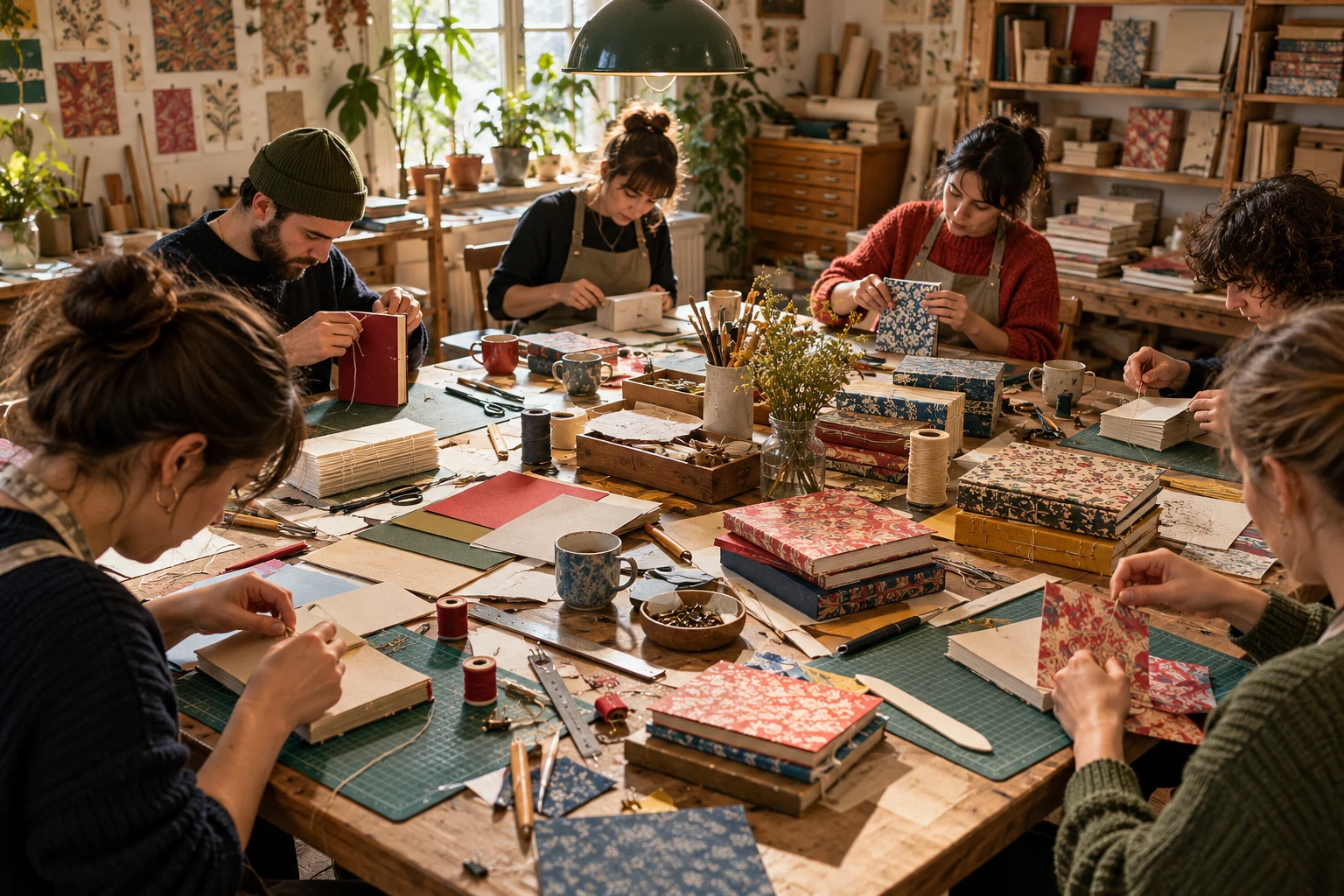 Illustration d’une séance de reliure collective autour d’une table