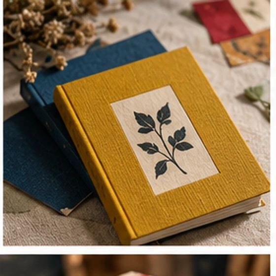 Carnet jaune à motif botanique posé sur un carnet bleu