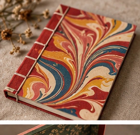 Carnet à couverture marbrée rouge, jaune et bleue