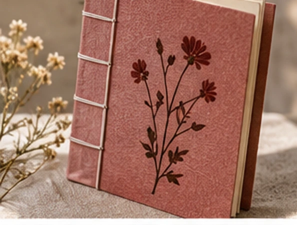 Carnet rose avec couture claire et motif floral