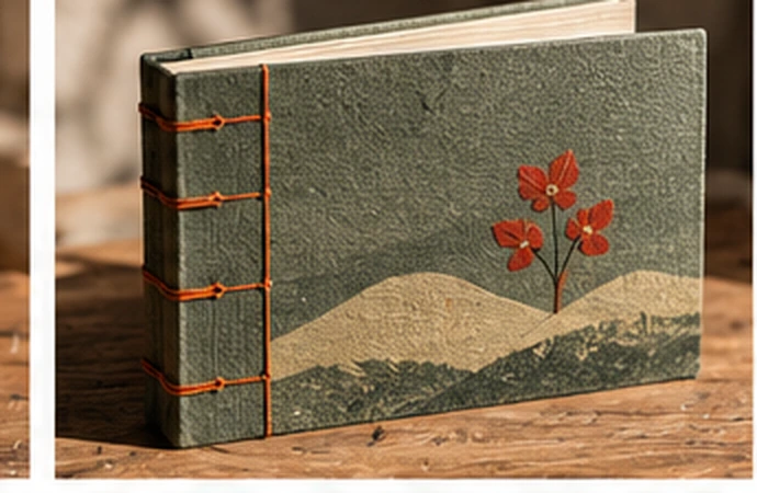 Carnet vert à couture rouge et décor végétal