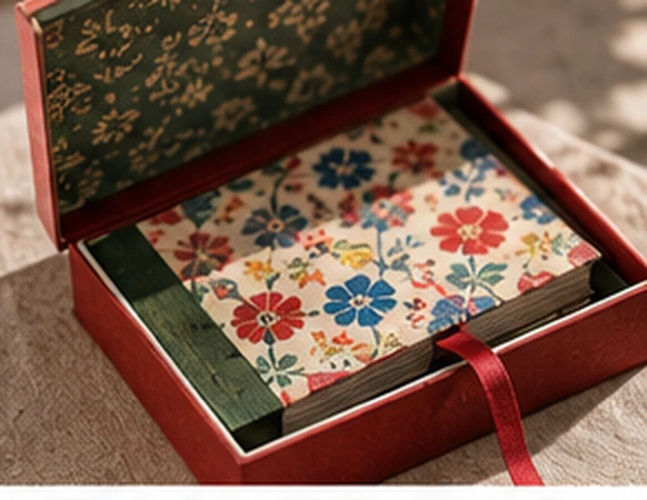 Coffret fleuri ouvert, avec intérieur rouge et ruban