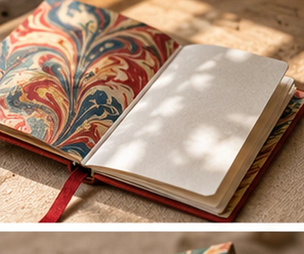 Carnet ouvert avec garde marbrée et pages claires