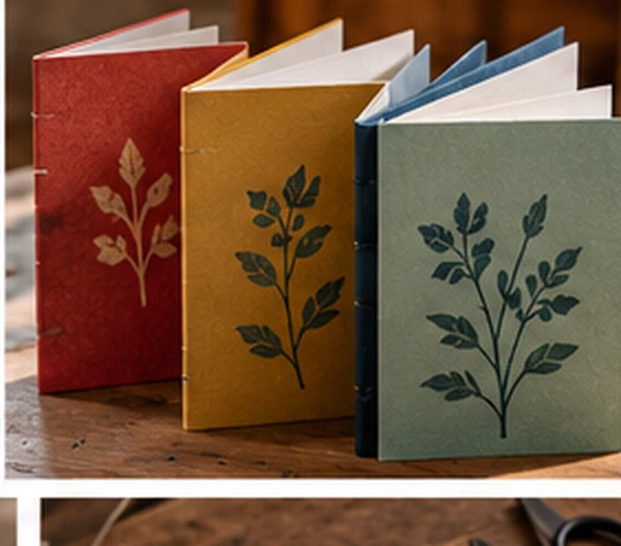 Trois carnets rouges, jaunes et bleus à motifs botaniques