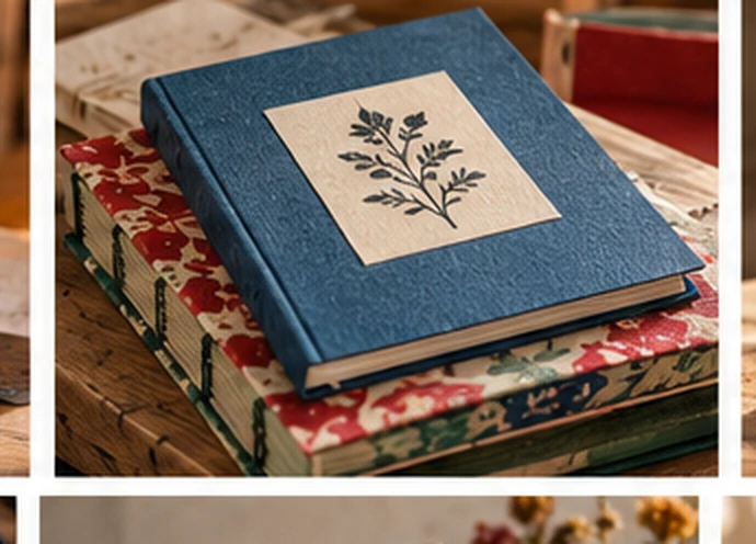 Album bleu à motif d’herbier posé sur des livres fleuris