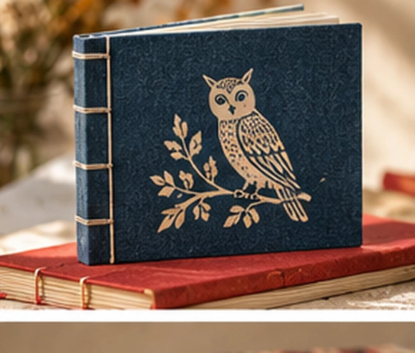 Album bleu avec un hibou doré sur une branche