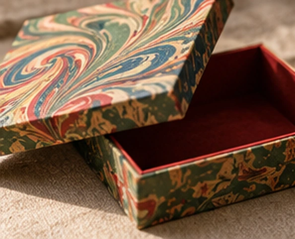 Coffret ouvert à couvercle marbré et intérieur rouge