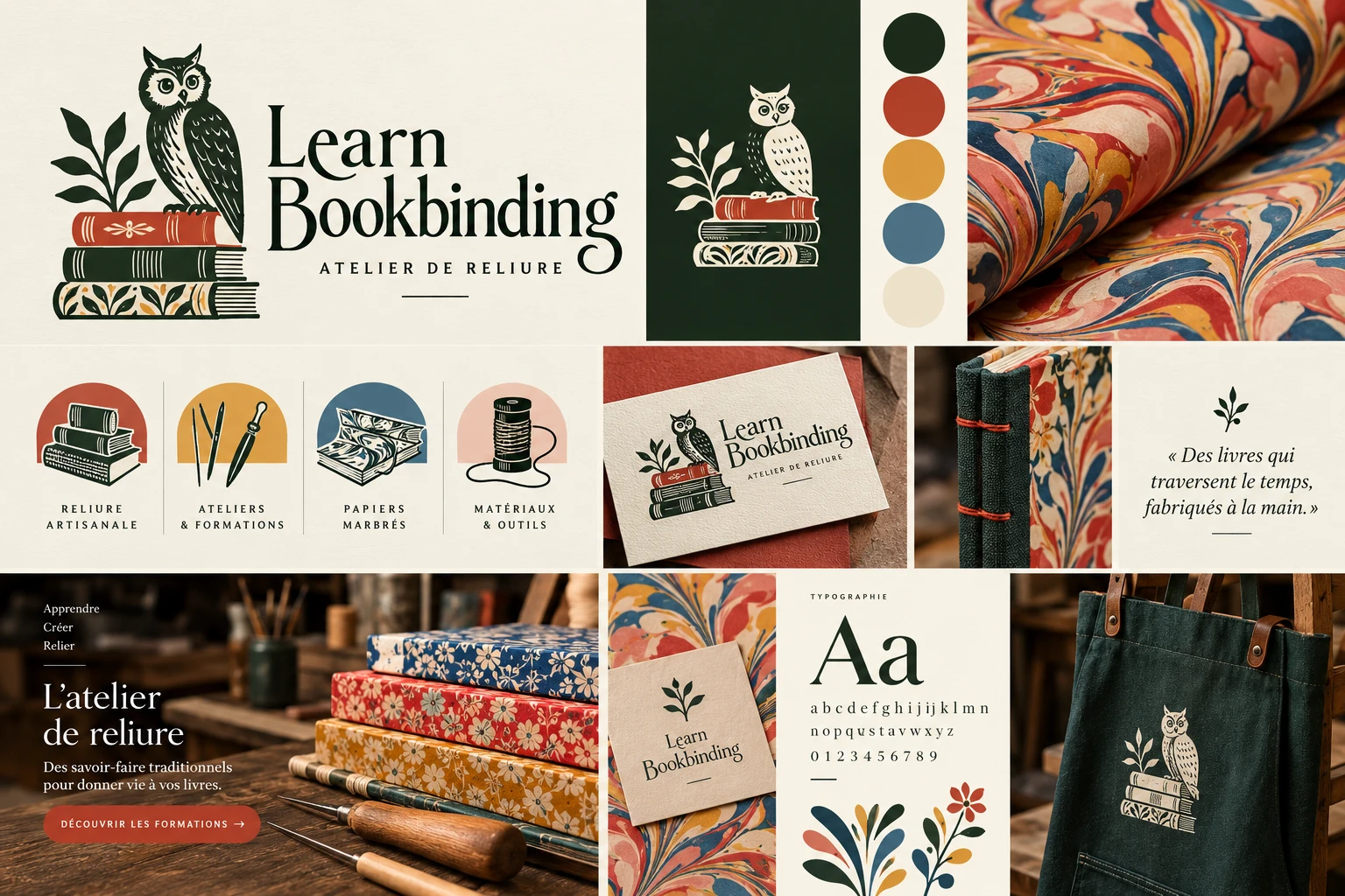 Planche de marque de Learn Bookbinding : hibou sur des livres, couleurs, illustrations, papiers marbrés et applications de l’identité.