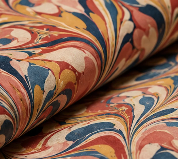 Détail de papiers marbrés orange, bleu et crème
