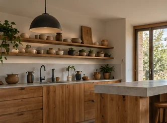 Cuisine en bois avec îlot central et étagères ouvertes