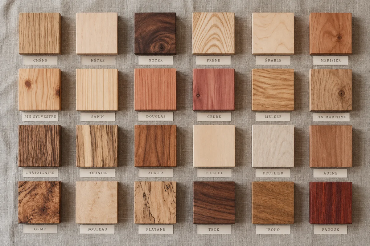 Nuancier d’essences de bois, du chêne clair au noyer foncé, sur un tissu en lin